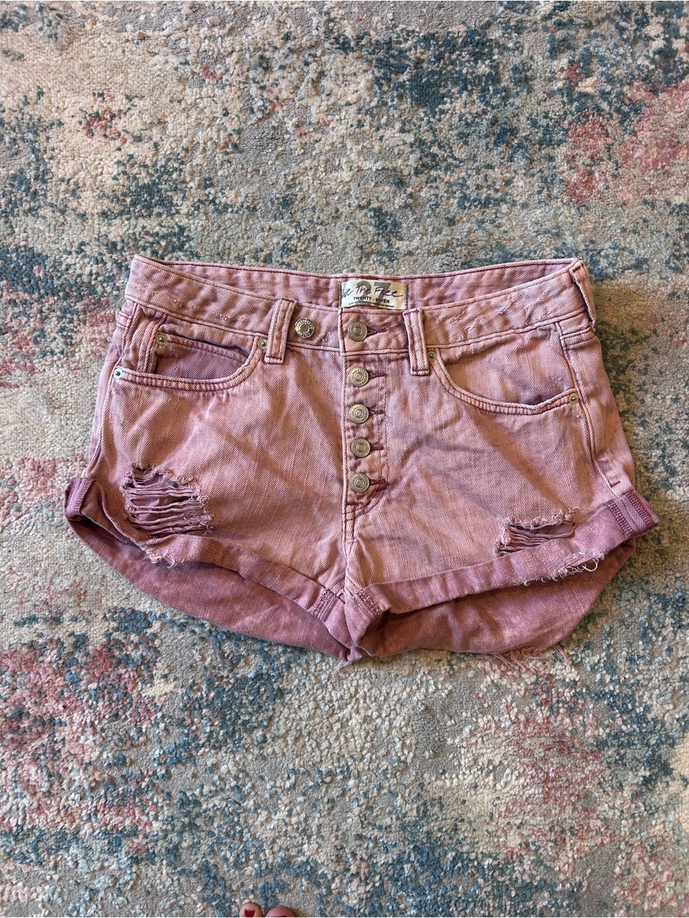 We The Free Dusty Rose High-Rise Button-Front Distressed Jean Shorts